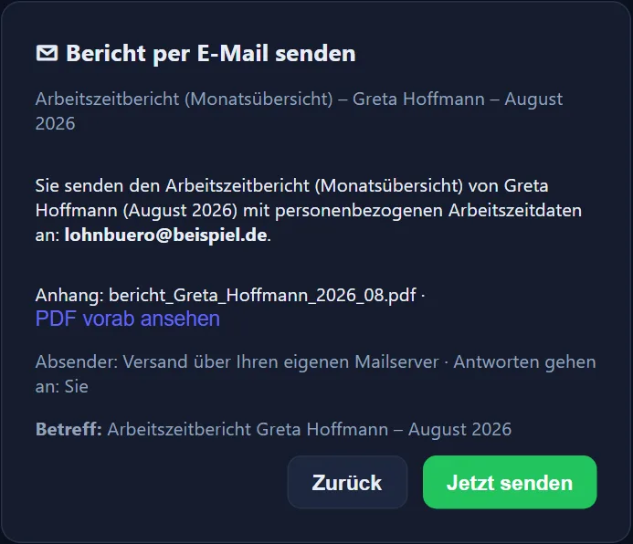 Zweiter Schritt im selben Fenster: „Sie senden den Arbeitszeitbericht (Monatsübersicht) von Greta Hoffmann (August 2026) mit personenbezogenen Arbeitszeitdaten an: lohnbuero@beispiel.de.“, darunter „Anhang: bericht_Greta_Hoffmann_2026_08.pdf“ mit dem Link „PDF vorab ansehen“, „Absender: Versand über Ihren eigenen Mailserver · Antworten gehen an: Sie“, der Betreff und die Knöpfe „Zurück“ und „Jetzt senden“.