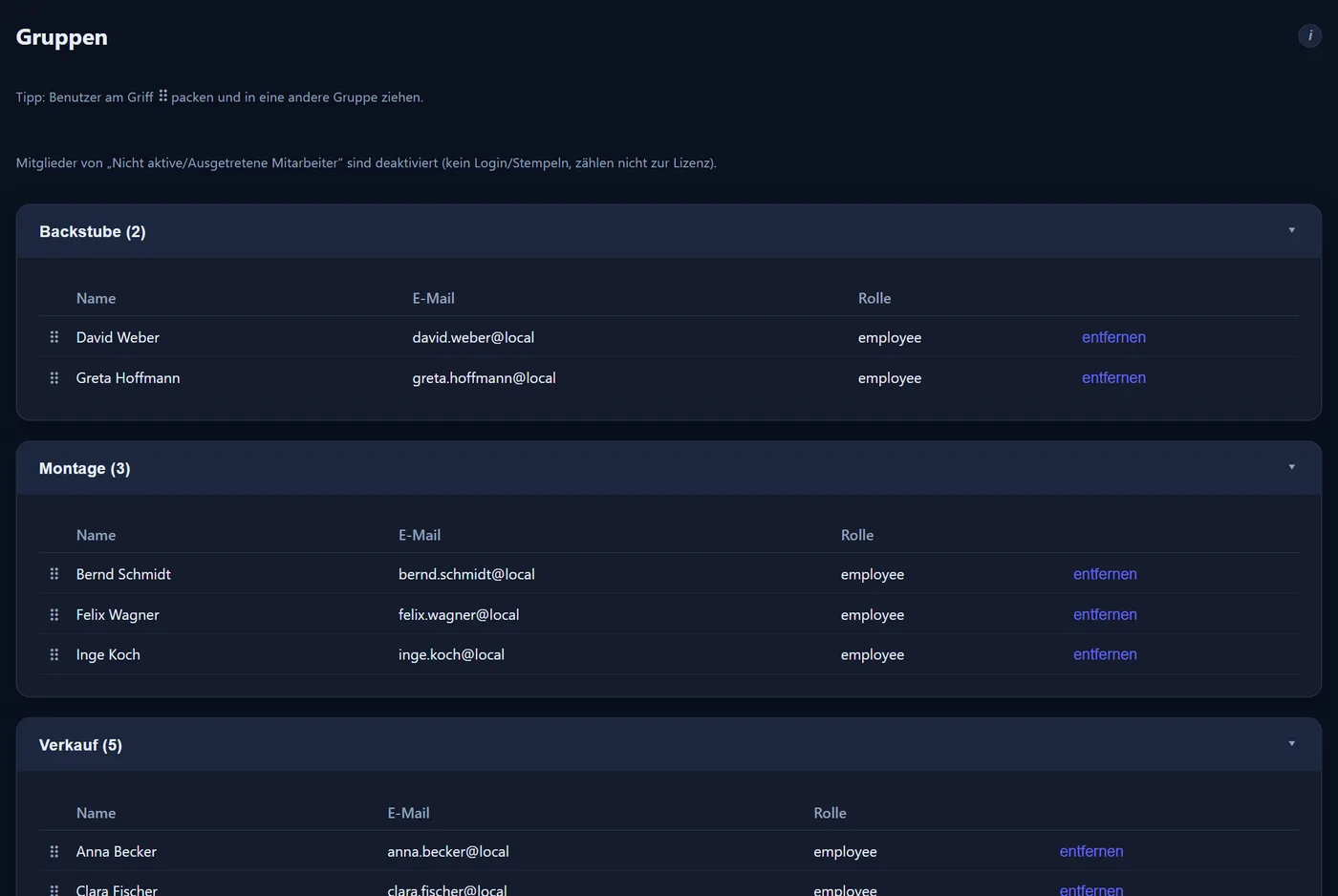 Die Seite Gruppen mit aufklappbaren Gruppen — Backstube, Montage, Verkauf — und je Gruppe der Liste ihrer Mitglieder mit Name, E-Mail und Rolle.