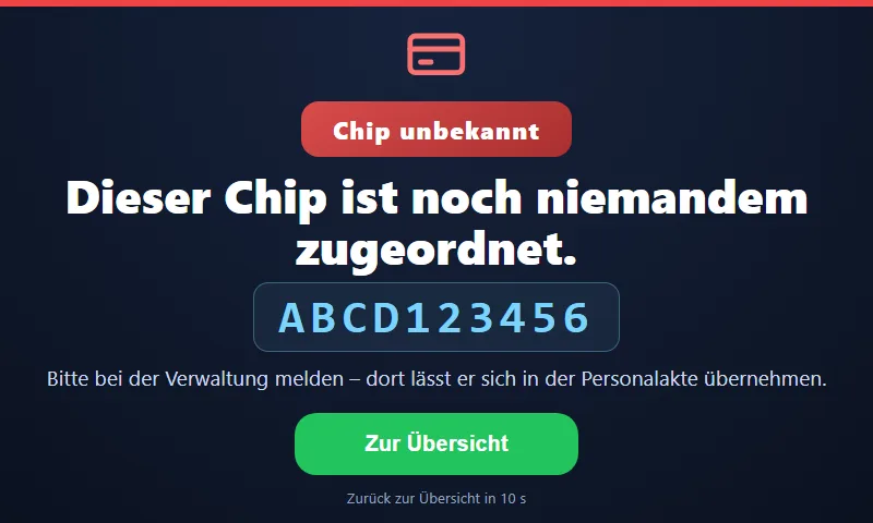 Bildschirmfüllende Meldung „Chip unbekannt“ mit einem Karten-Symbol: „Dieser Chip ist noch niemandem zugeordnet.“, darunter groß der Code ABCD123456 und der Hinweis „Bitte bei der Verwaltung melden – dort lässt er sich in der Personalakte übernehmen.“ Darunter der Knopf „Zur Übersicht“.