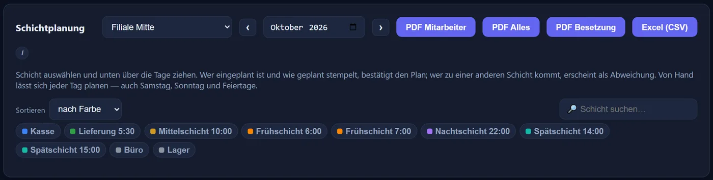 Der Kopf der Schichtplanung mit der Schichtgruppe „Filiale Mitte“; darunter links „Sortieren“ mit der Auswahl „nach Farbe“, rechts das Suchfeld „Schicht suchen…“ und darunter die Schichten nach Farben geordnet: Kasse, Lieferung 5:30, Mittelschicht 10:00, Frühschicht 6:00 und 7:00, Nachtschicht 22:00, Spätschicht 14:00 und 15:00, Büro und Lager.