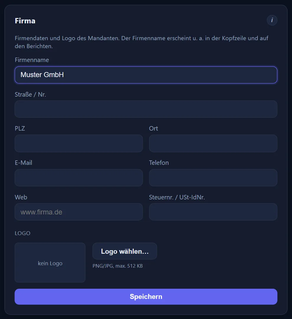 Die Seite Firma mit Firmenname, Straße, PLZ, Ort, E-Mail, Telefon, Web, Steuernummer und dem Bereich Logo mit dem Knopf „Logo wählen“.