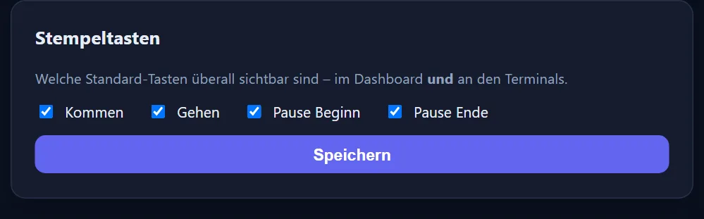 Die Karte Stempeltasten mit vier angehakten Kästchen: Kommen, Gehen, Pause Beginn, Pause Ende.