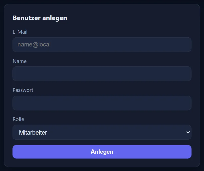 Die Karte „Benutzer anlegen“ mit den Feldern E-Mail, Name, Passwort und der Auswahl der Rolle.