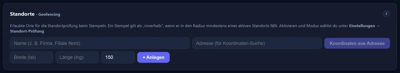 Die Seite Standorte mit den Feldern Name, Adresse, Breite, Länge und Radius sowie dem Knopf „Koordinaten aus Adresse“.